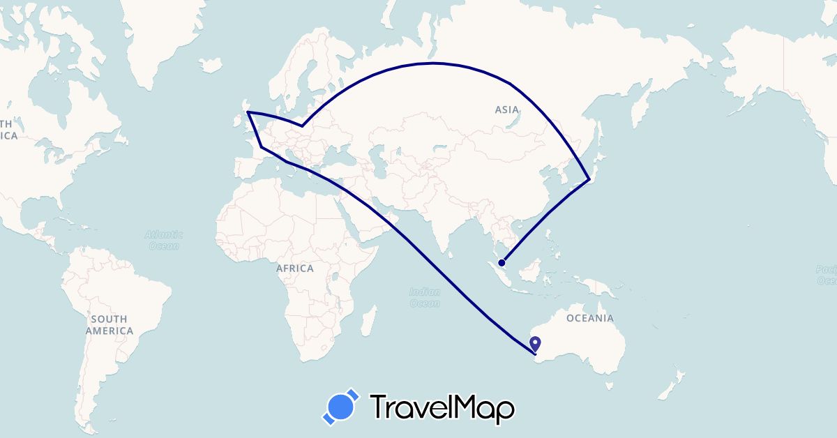 TravelMap itinerary: driving in Australia, France, United Kingdom, Italy, Japan, Malaysia, Poland, Russia (Asia, Europe, Oceania)