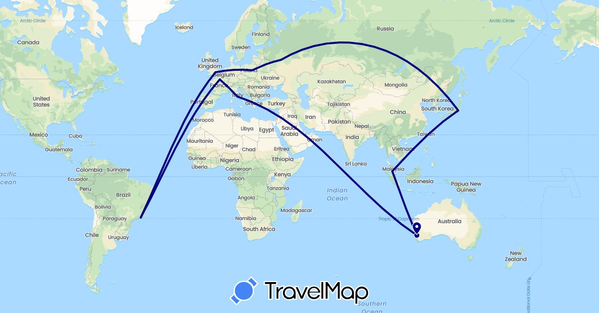 TravelMap itinerary: driving in Australia, Brazil, France, United Kingdom, Italy, Japan, Malaysia, Poland, Russia (Asia, Europe, Oceania, South America)